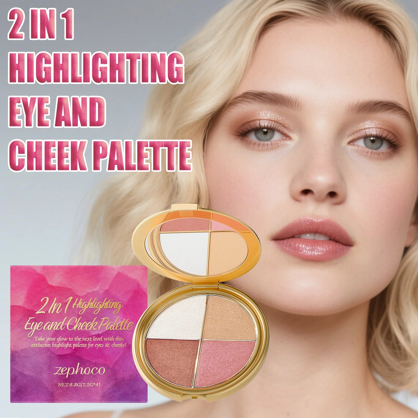 4-in-1 Shimmer Makeup Palette – Highlighter, Blush & Eyeshadow for a Natural Radiant Glow