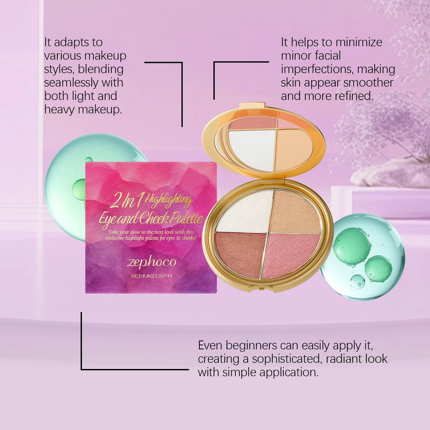 4-in-1 Shimmer Makeup Palette – Highlighter, Blush & Eyeshadow for a Natural Radiant Glow